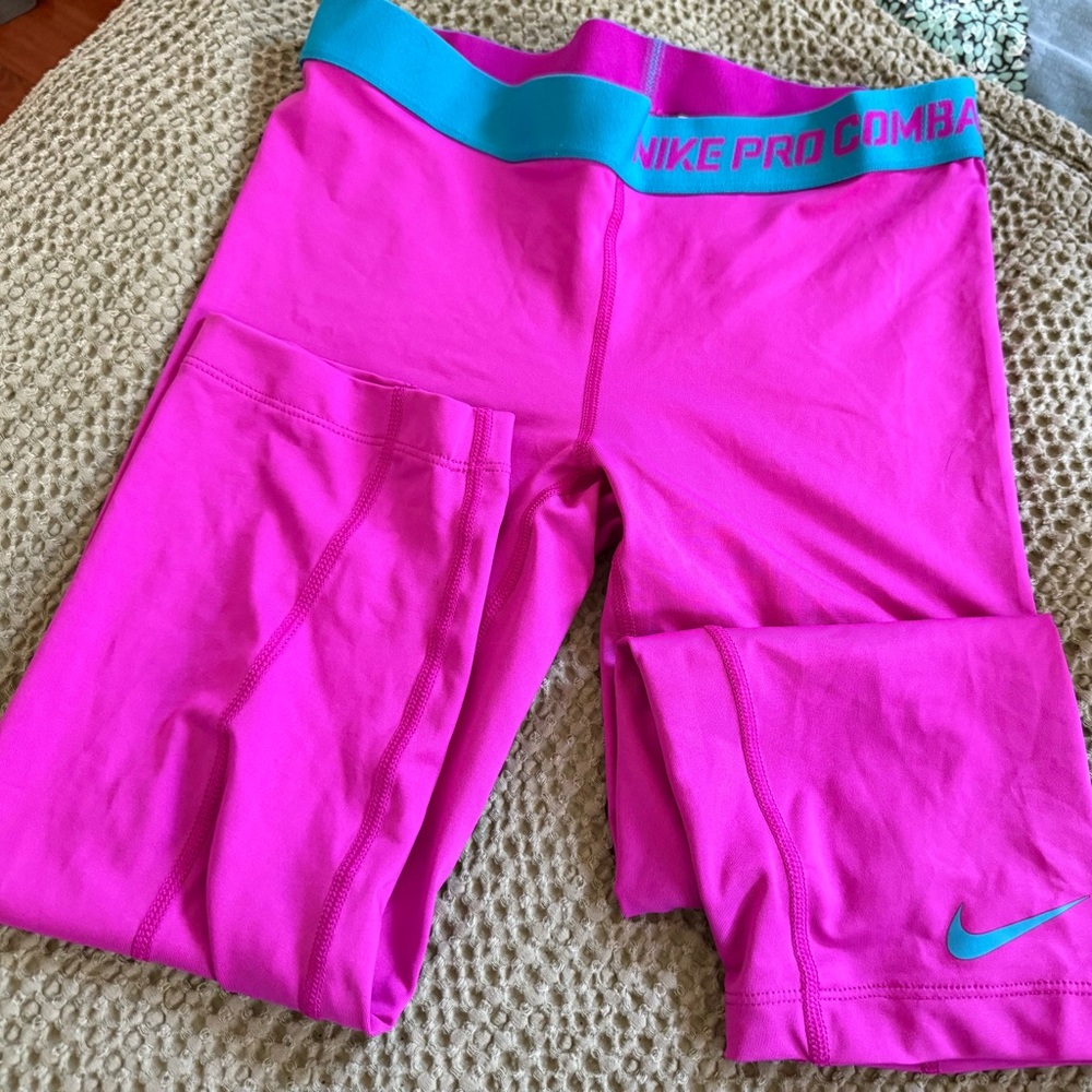 Nike Hot Pink Compression Leggings with Teal Stitching
